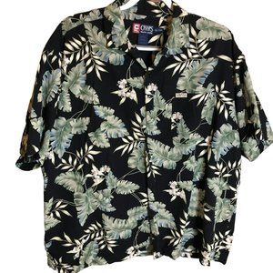 Chaps Ralph Lauren XXL Hawiian Print SS Button Up Shirt Black w/Leaves & Flowers